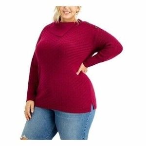 NEW Style & Co Knit Textured Ribbed Envelope Neck Button Sweater Magenta 2X